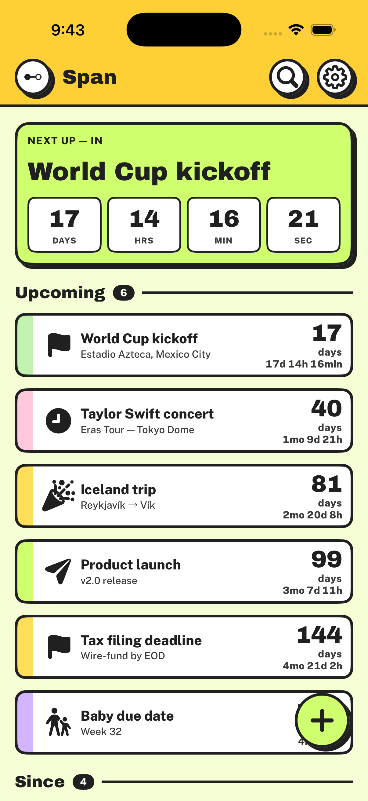 span app showing the list of upcoming and since events